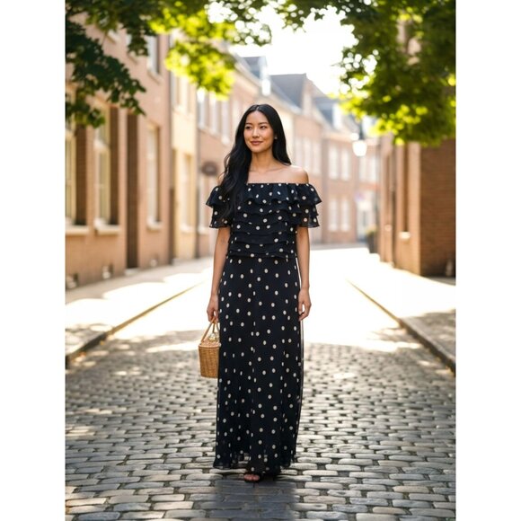 Vintage 90s hetta B Maxi Dress Sz 12 100% Silk Polka Dot Black White Sleeveless - Picture 1 of 13